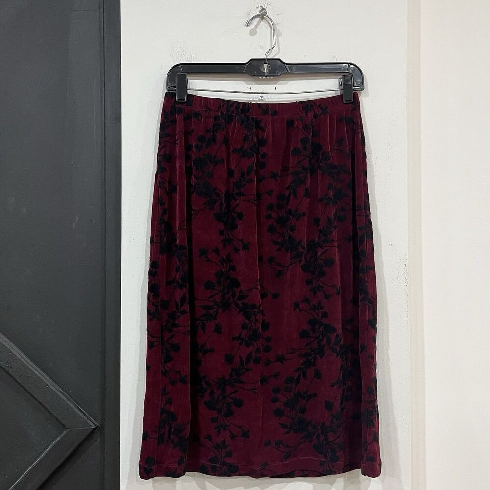 Vintage Citiknits Semi Sheer Black Velvet Floral Red Skirt Size Small